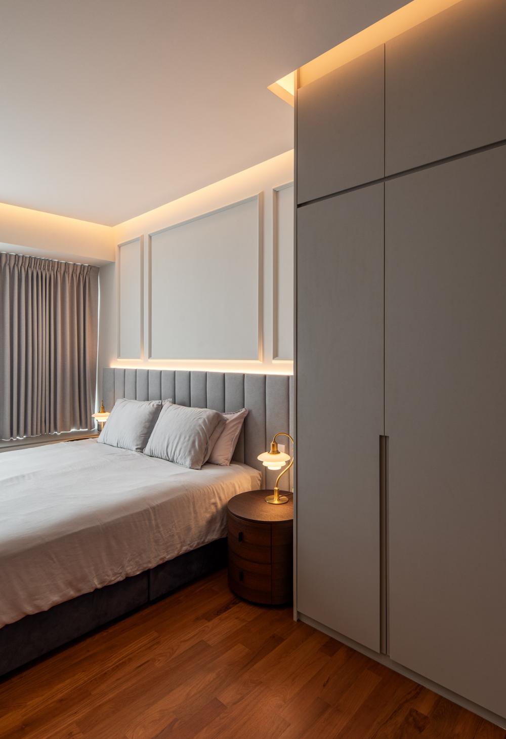 Modern Bedroom with Parquet Floor and Wardrobe