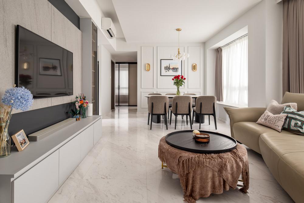 Modern Living Room with Marble Floor and Feature Wall