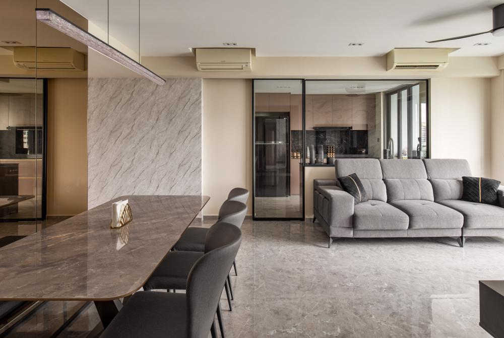 Modern Living Room with Homogeneous Tiles and Feature Wall