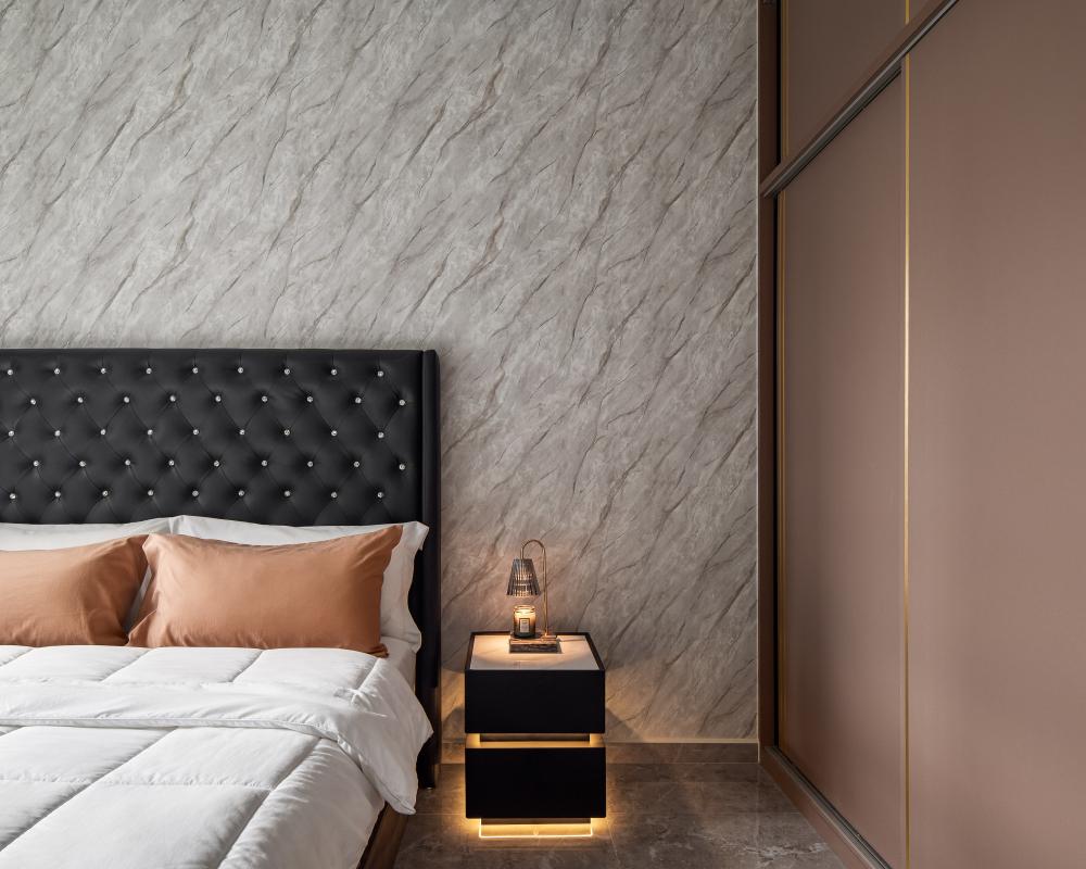 Modern Bedroom with Homogeneous Tiles and Wardrobe