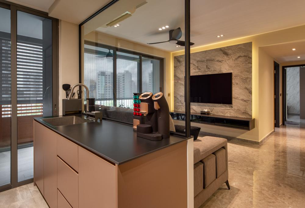 Modern Kitchen with Countertop and Homogeneous Tiles