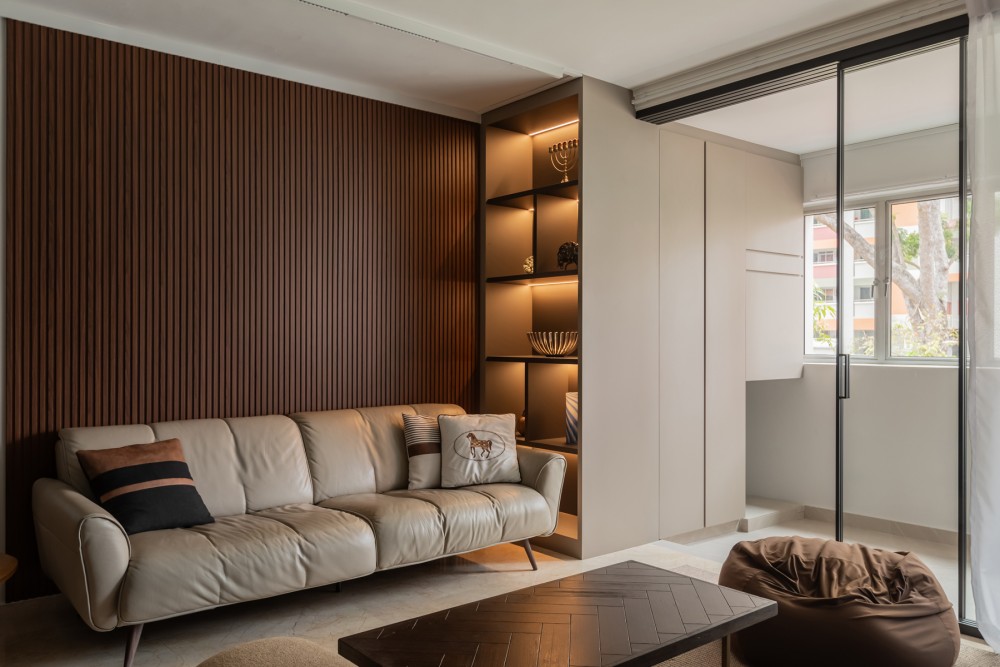 Contemporary Living Room with Feature Wall and Glass Door