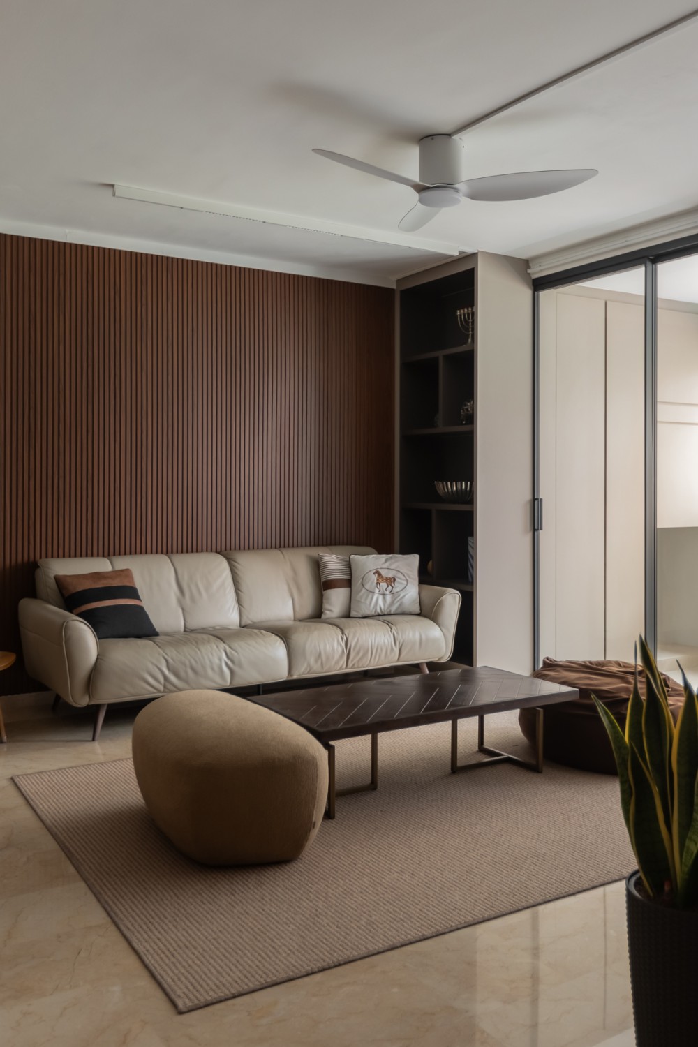 Contemporary Living Room with Drop Ceiling and Glass Door