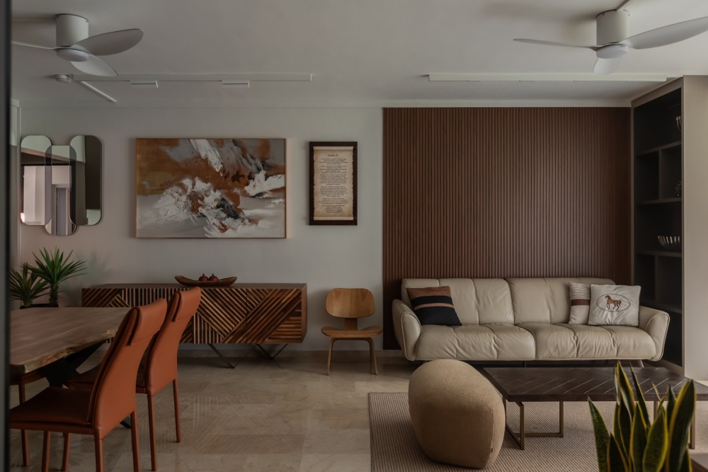 Contemporary Living Room with Feature Wall and Drop Light