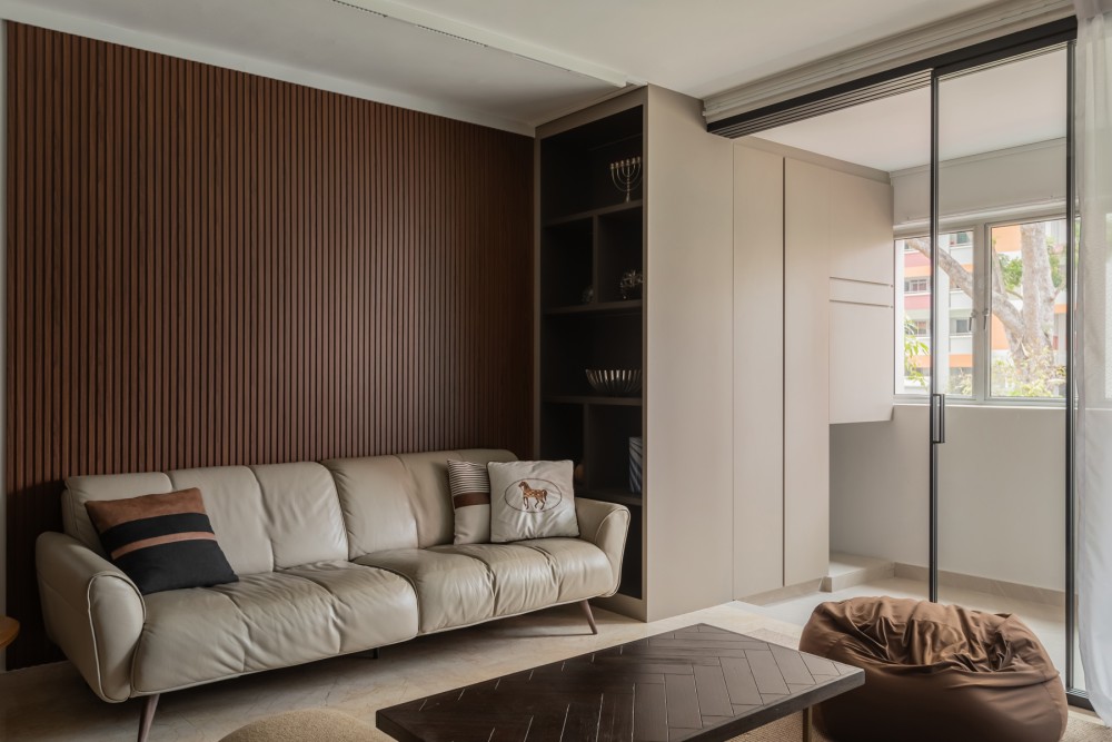 Contemporary Living Room with Feature Wall and Glass Door