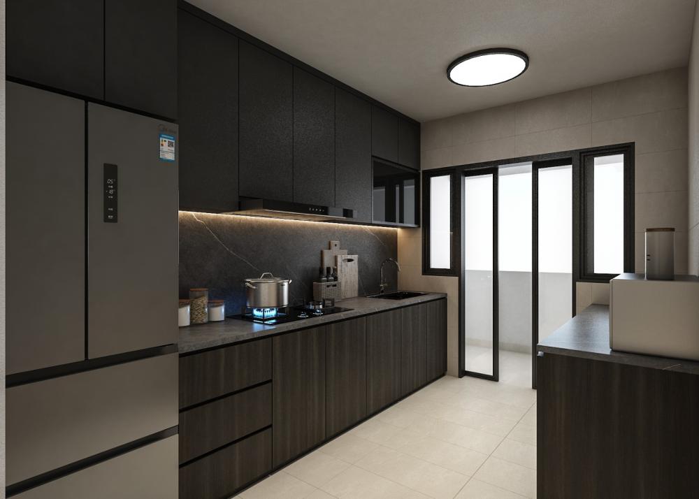 Modern Kitchen with Countertop and Homogeneous Tiles