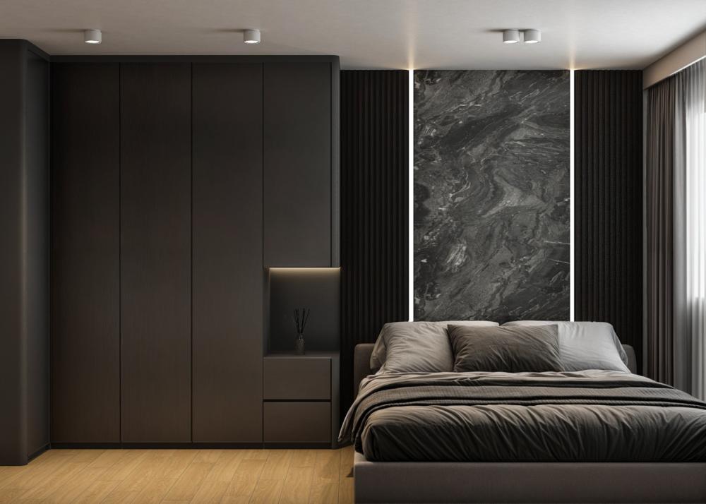 Modern Bedroom with Vinyl Flooring and Feature Wall
