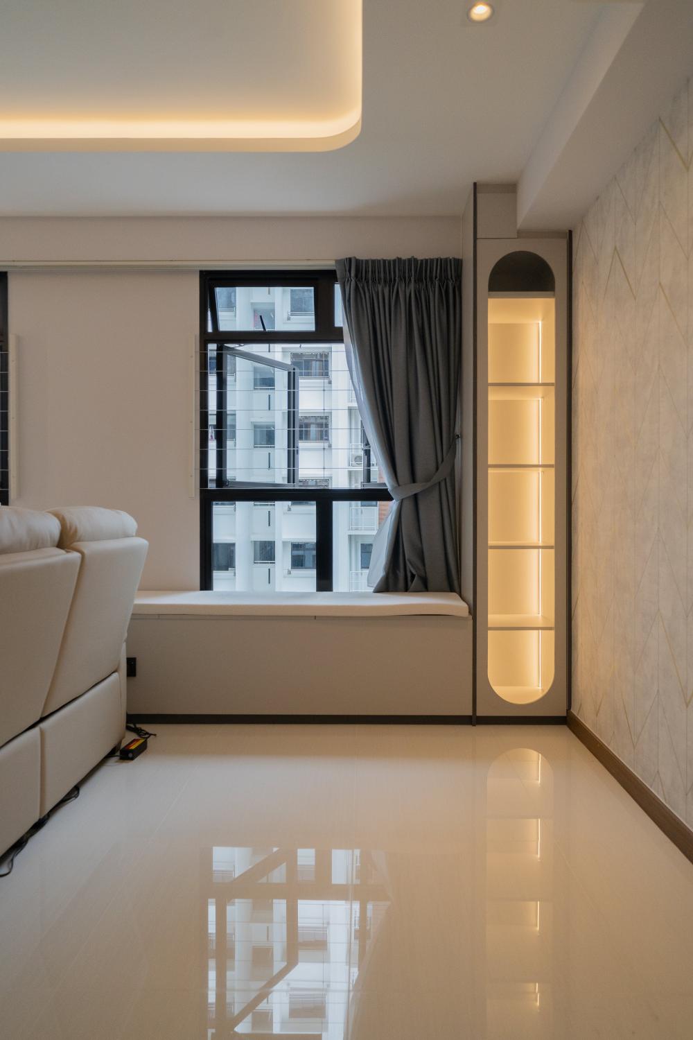Modern Hallway with Bookshelf and Artwork