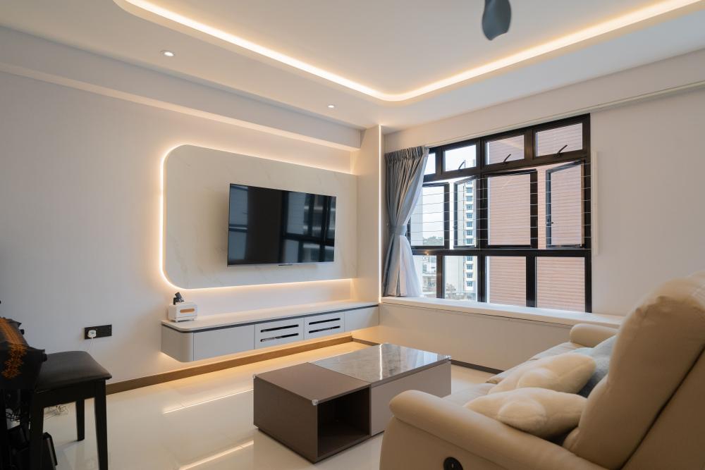 Modern Living Room with TV Console and Cove Lighting