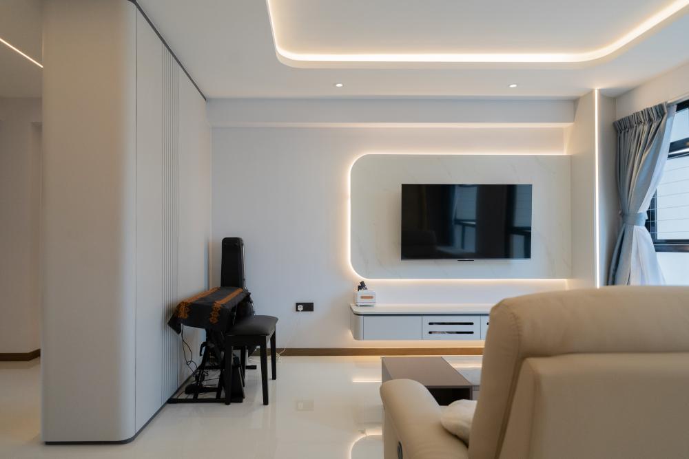 Modern Living Room with TV Console and Drop Light