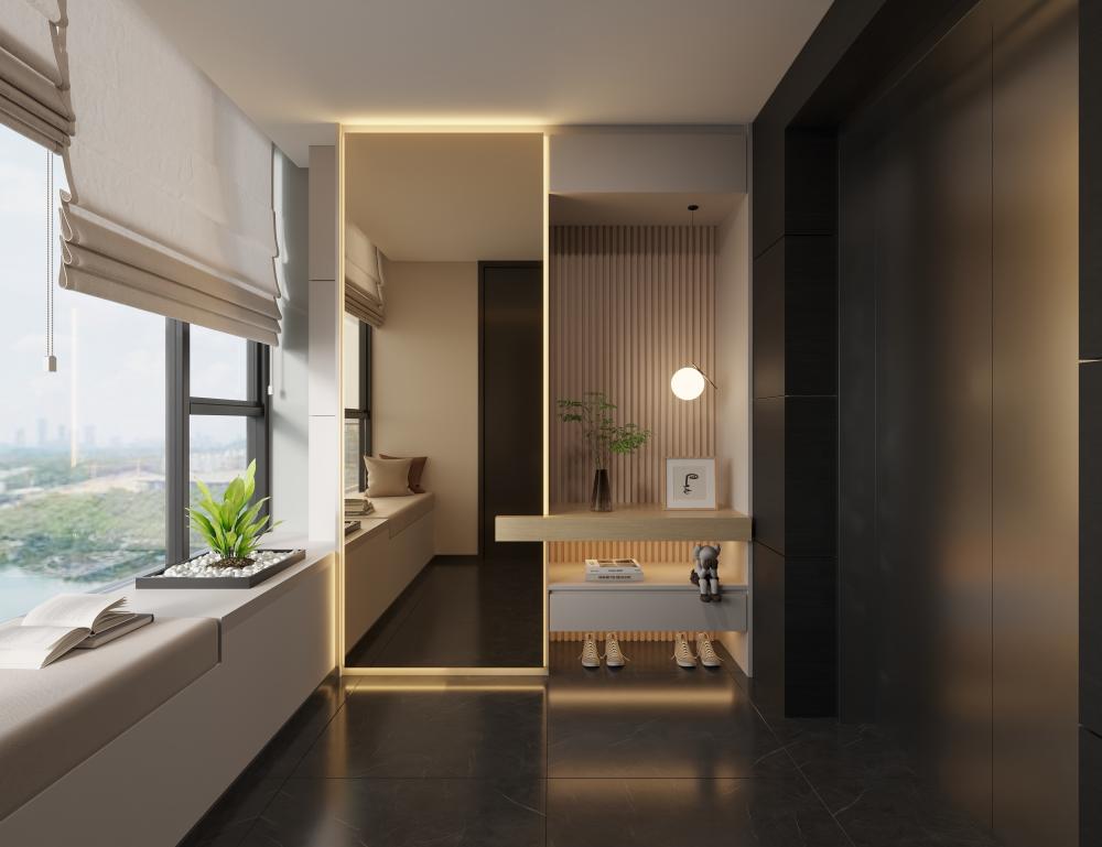 Modern Foyer with Mirror and Bay Window
