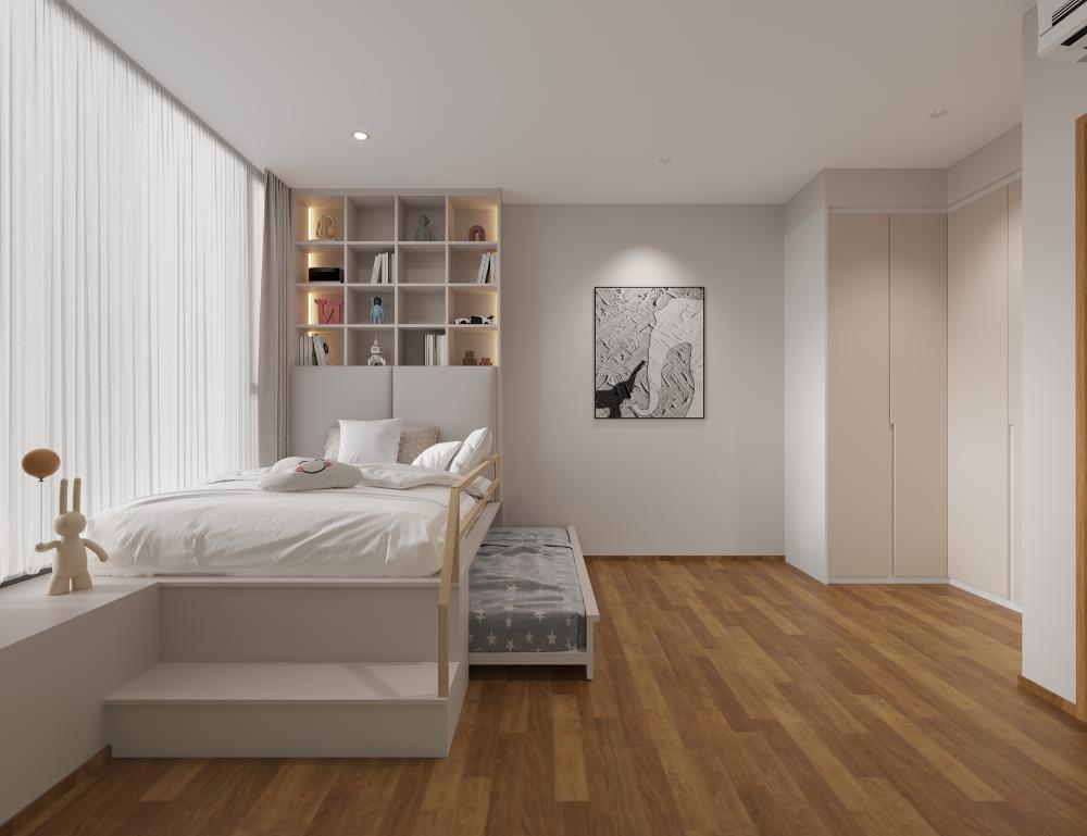 Modern Bedroom with Bookshelf and Platform Bed