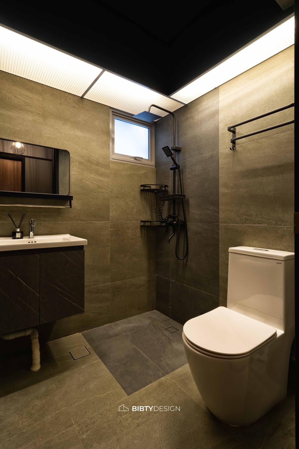 Industrial Bathroom with Homogeneous Tiles and Mirror