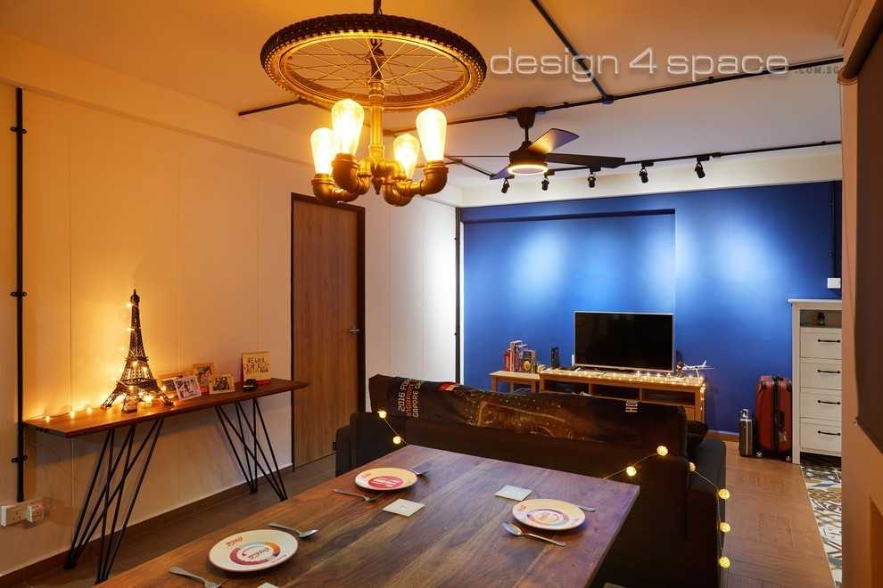 Asian Living Room with TV Console and Feature Wall