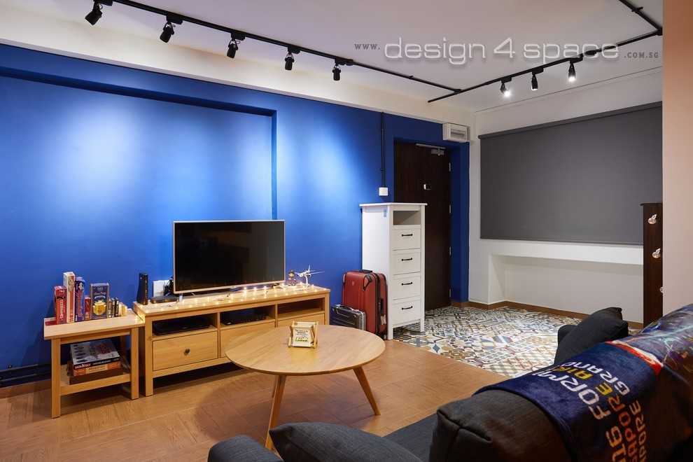 Asian Living Room with TV Console and Feature Wall