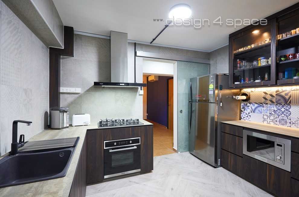 Asian Kitchen with Wood Flooring and Kitchen Window