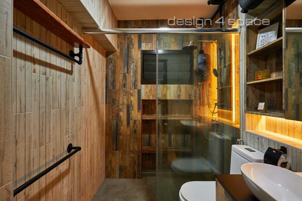 Asian Bathroom with Wood Flooring and Shower Screen