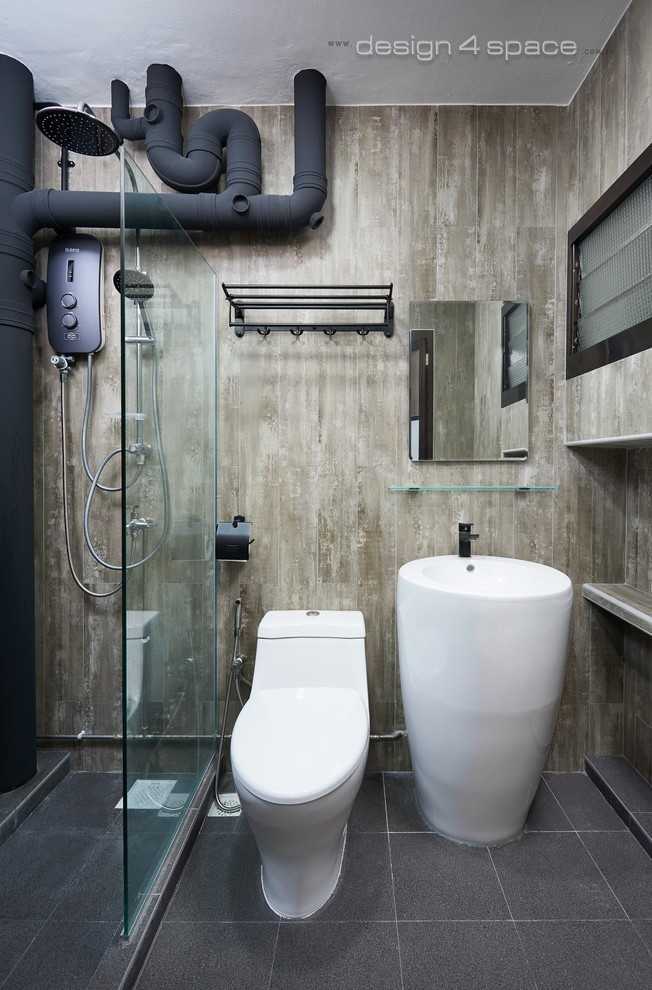 Asian Bathroom with Wood Flooring and Mirror