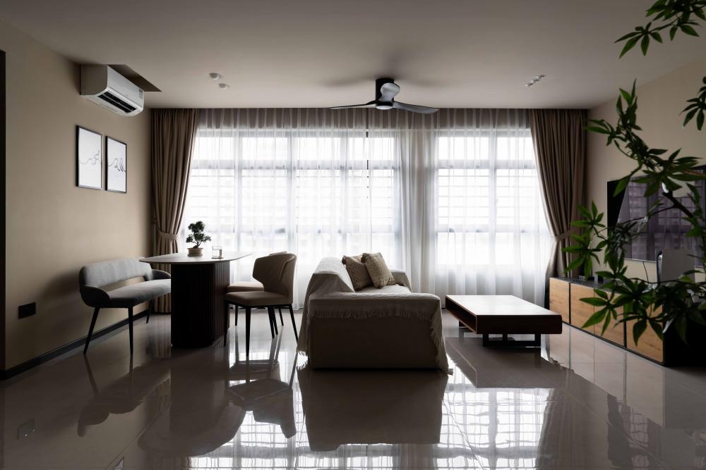 Contemporary Living Room with Homogeneous Tiles and Ceiling Light