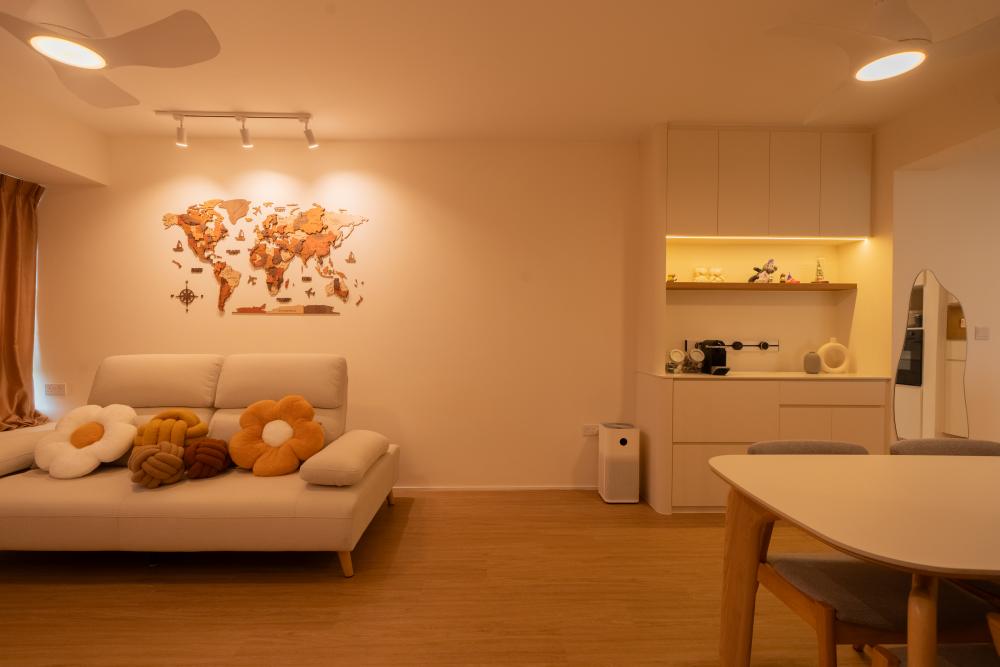 Contemporary Dining Room with Drop Light and Downlights