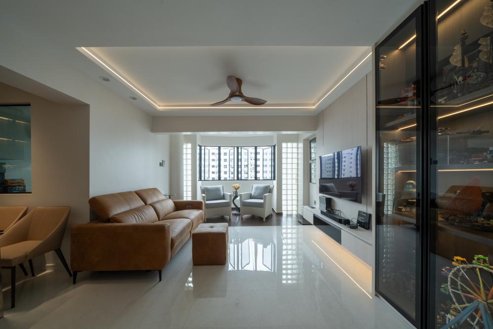 Modern Living Room with Homogeneous Tiles and TV Console