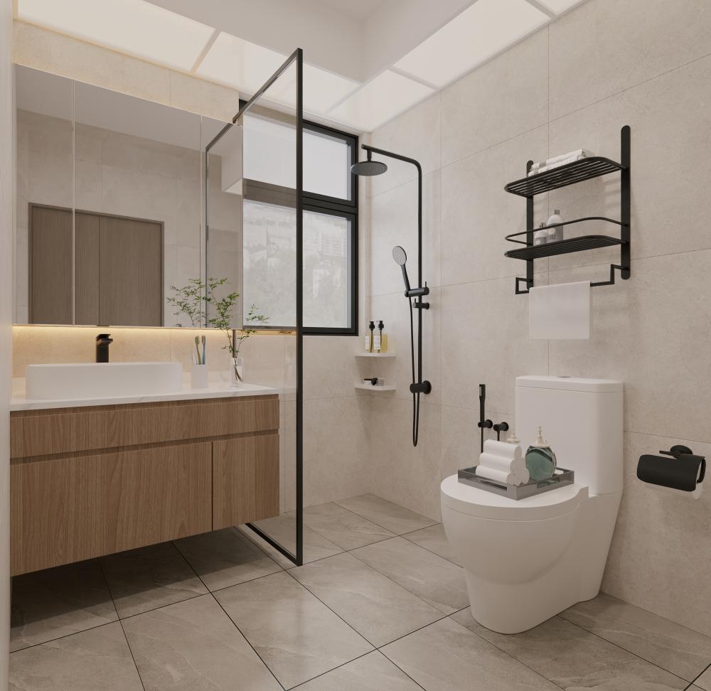 Scandinavian Bathroom with Shower Screen and Bathroom Storage