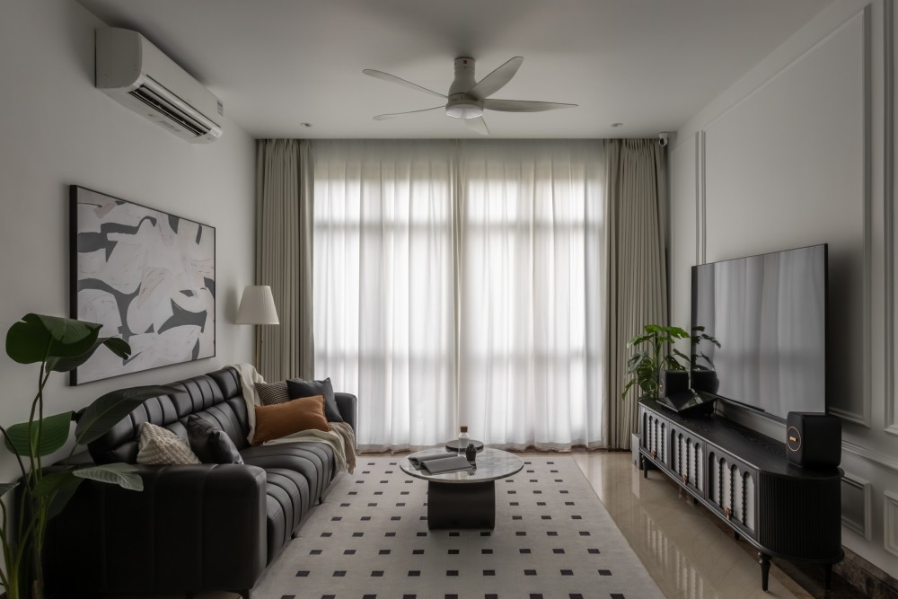 Contemporary Living Room with TV Console and Ceiling Fan