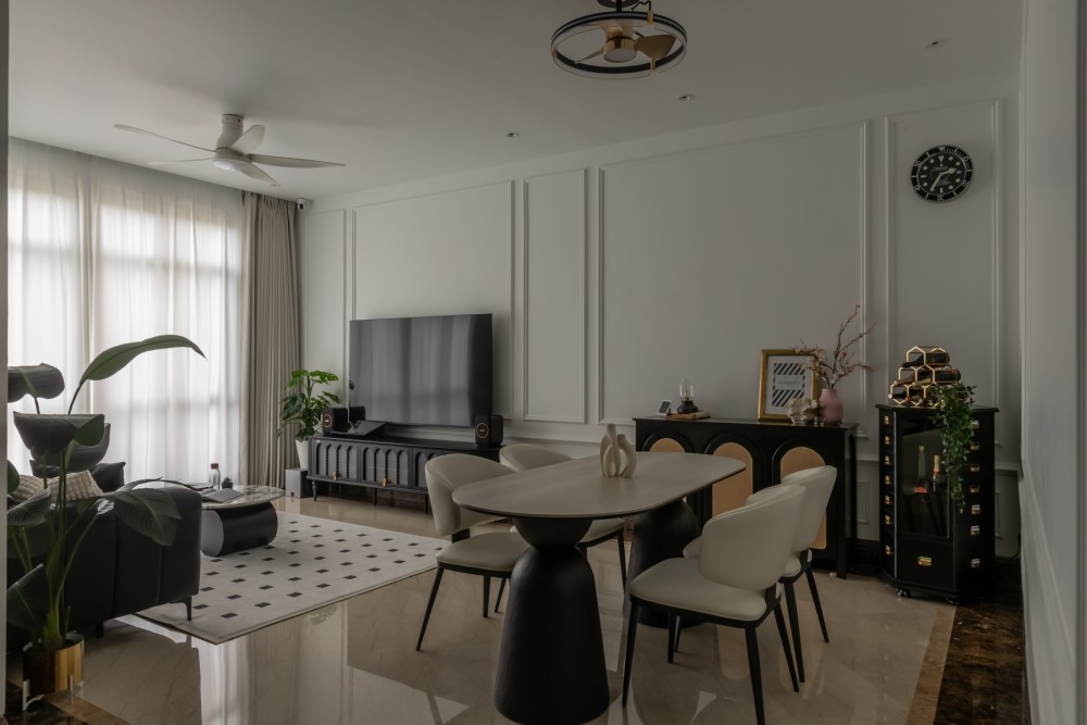 Contemporary Dining Room with Feature Wall and Drop Ceiling
