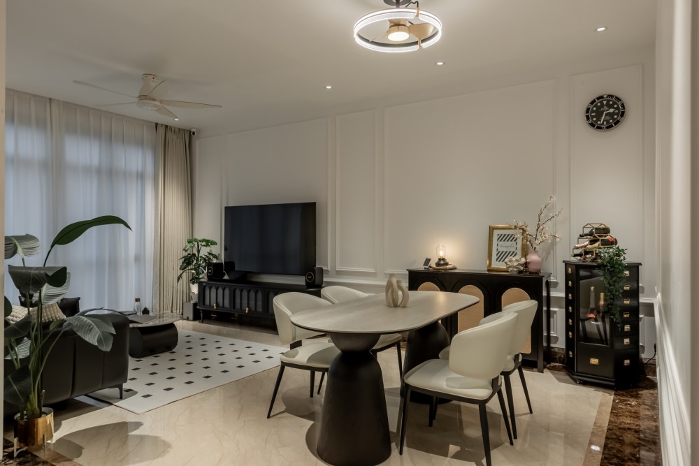 Contemporary Dining Room with Feature Wall and Drop Ceiling
