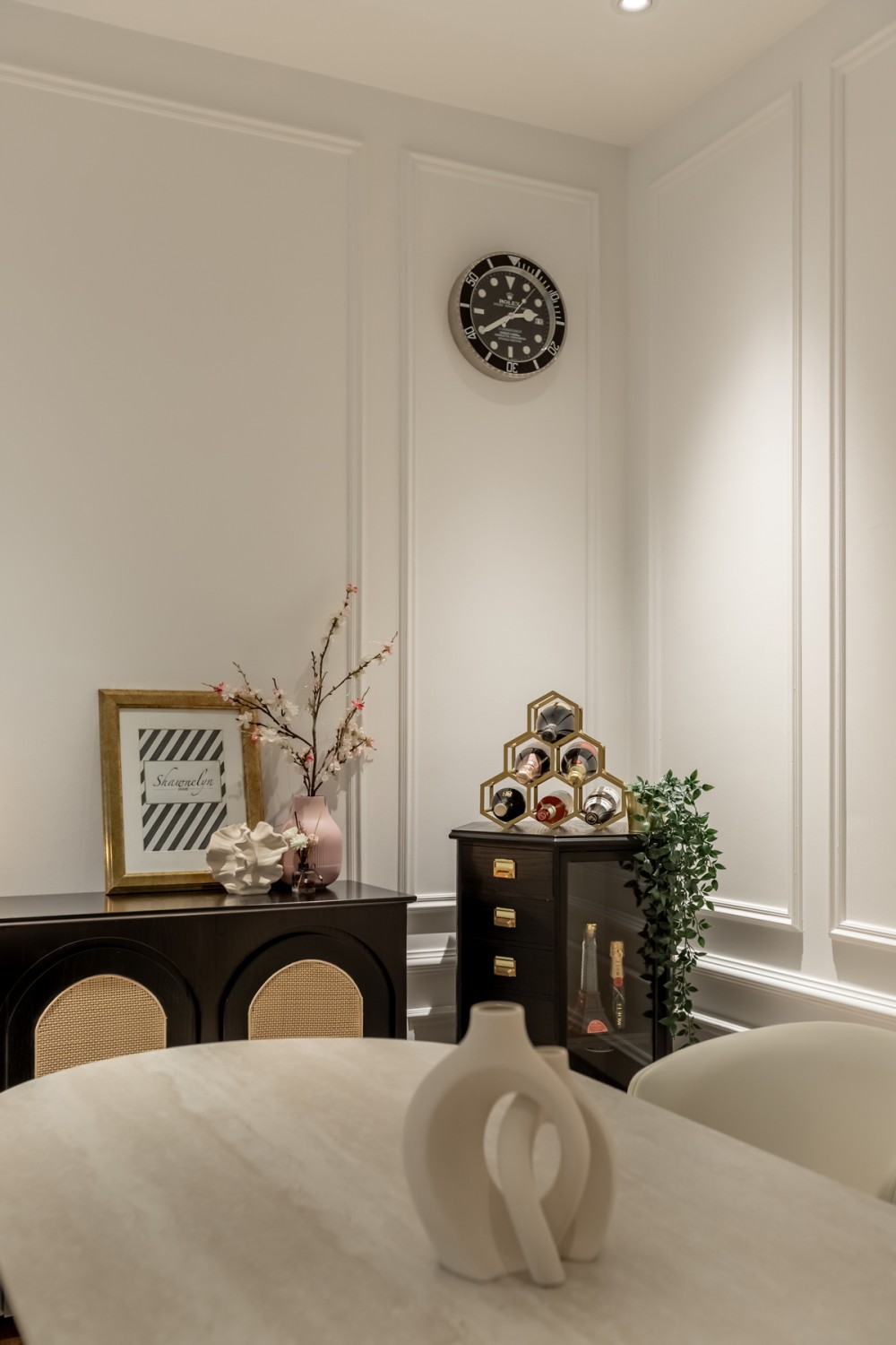 Contemporary Dining Room with Feature Wall and Drop Ceiling