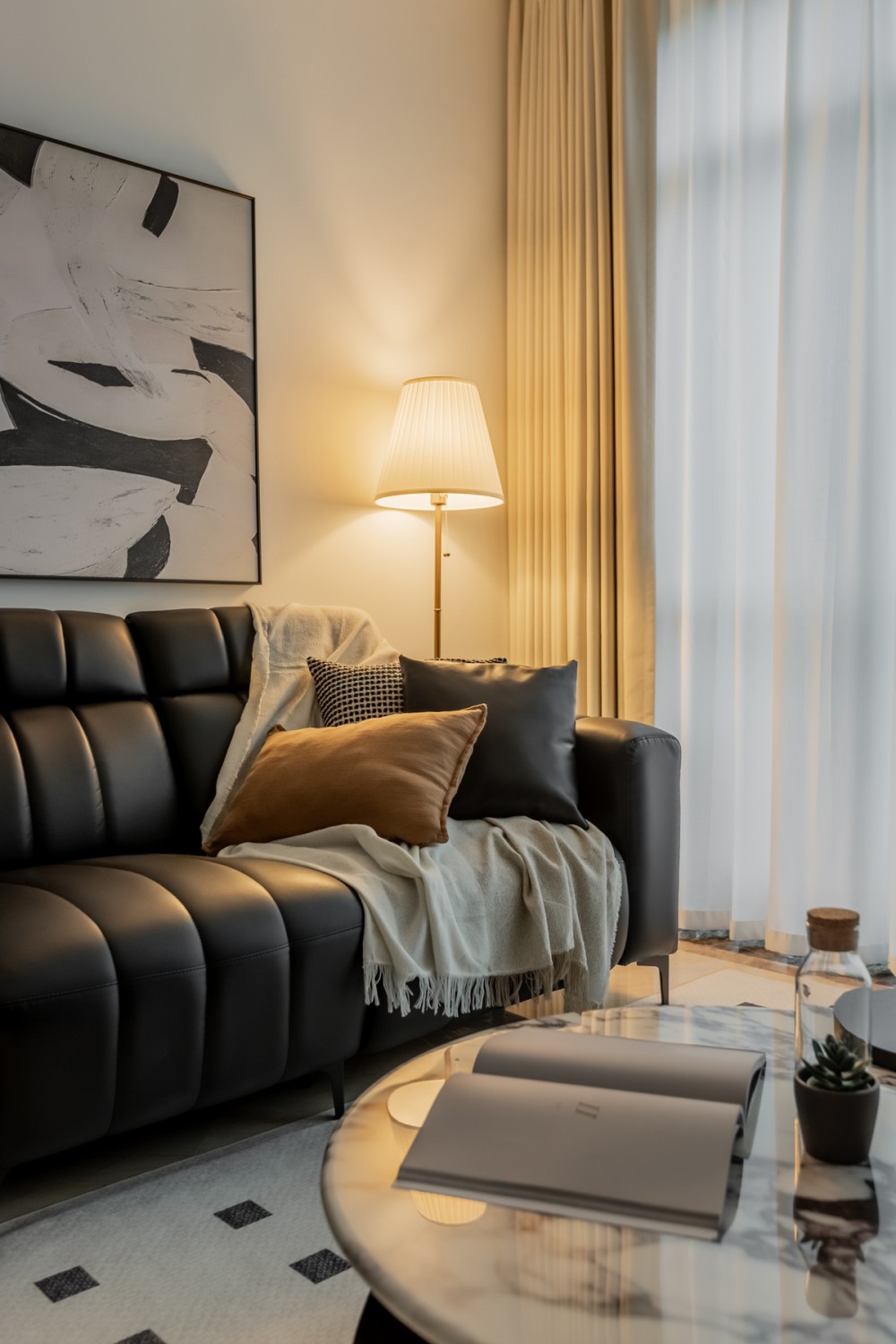 Contemporary Living Room with Marble Floor and Carpet