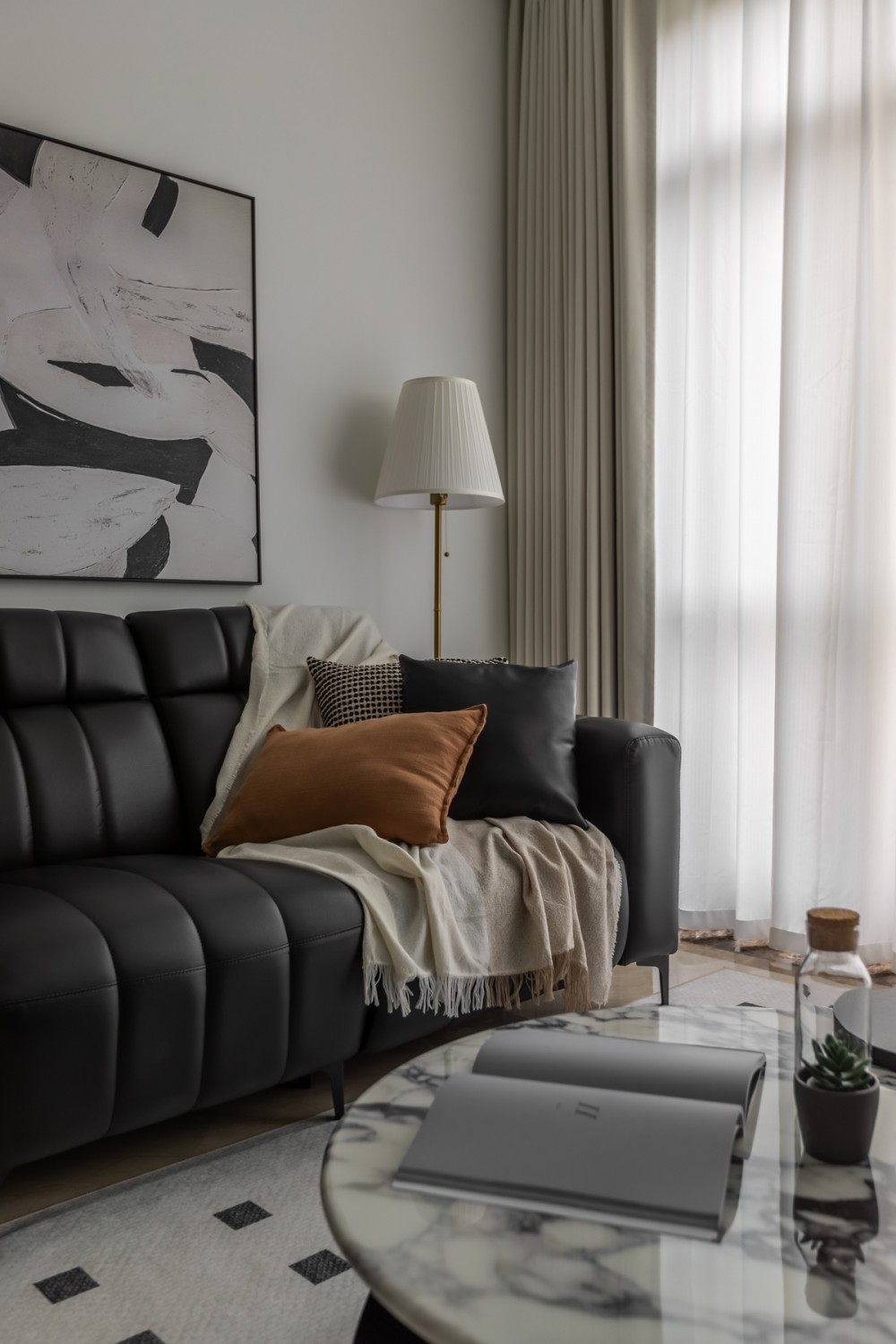 Contemporary Living Room with Marble Floor and Carpet