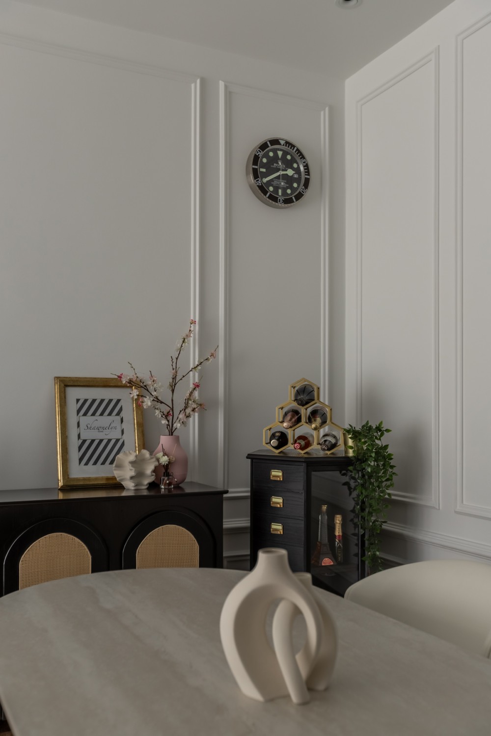 Contemporary Dining Room with Feature Wall and Drop Ceiling