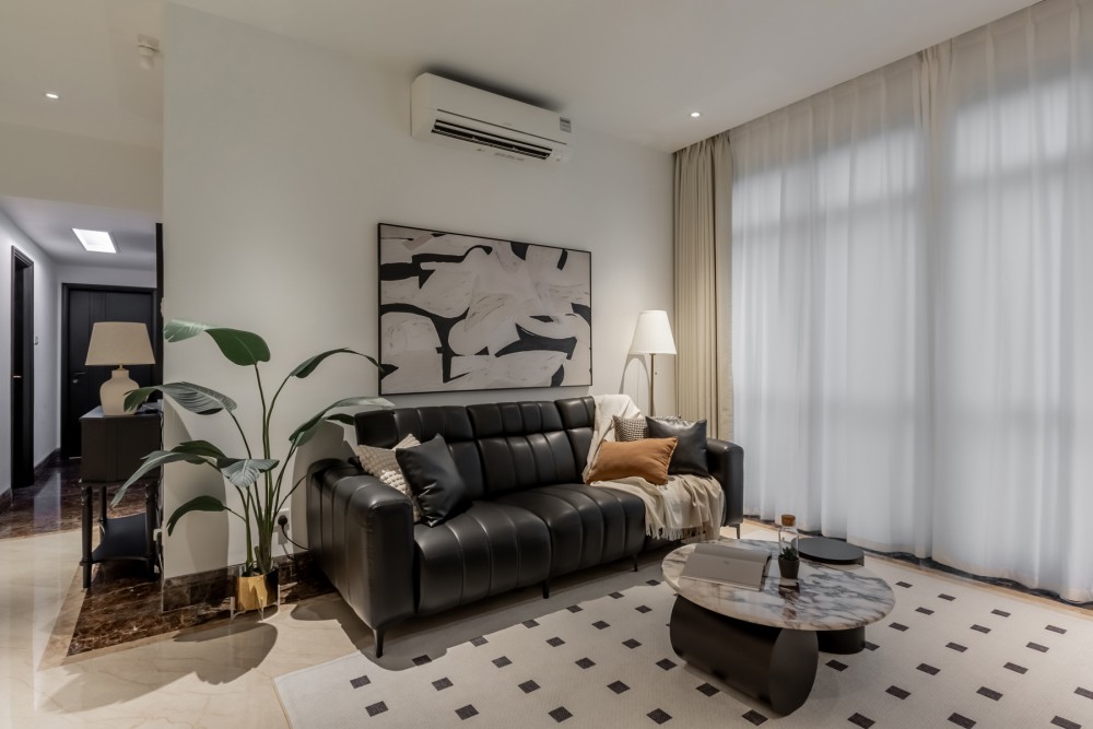 Contemporary Living Room with Carpet and Curtain