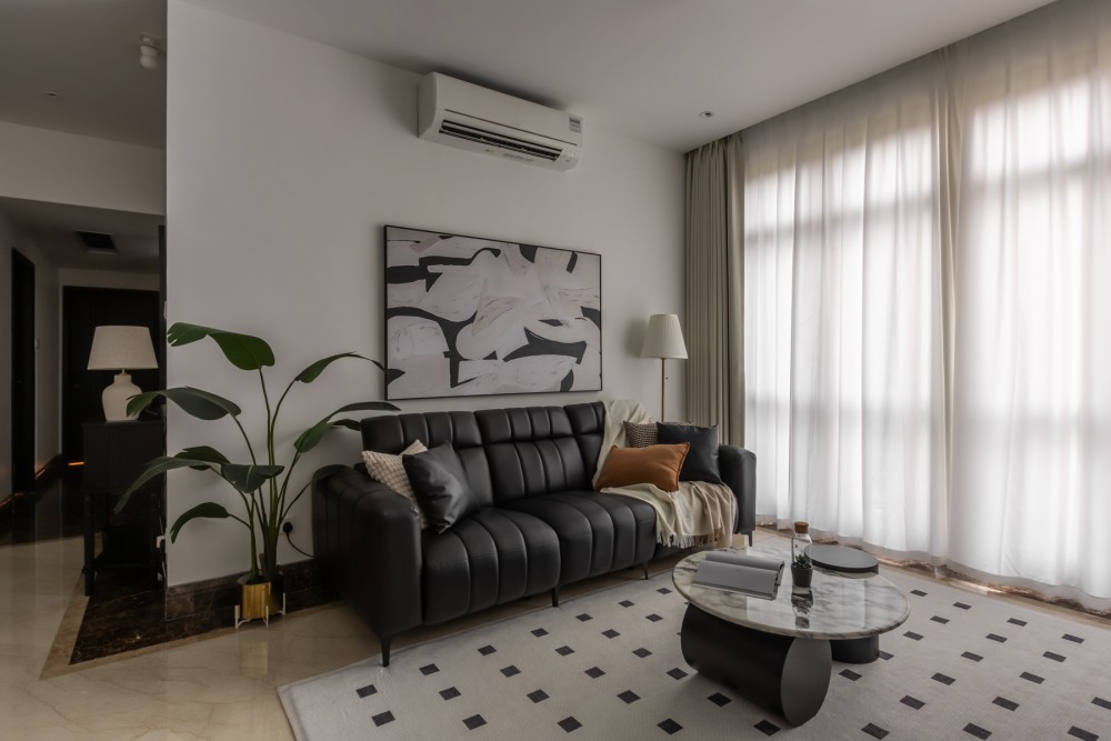 Contemporary Living Room with Carpet and Curtain