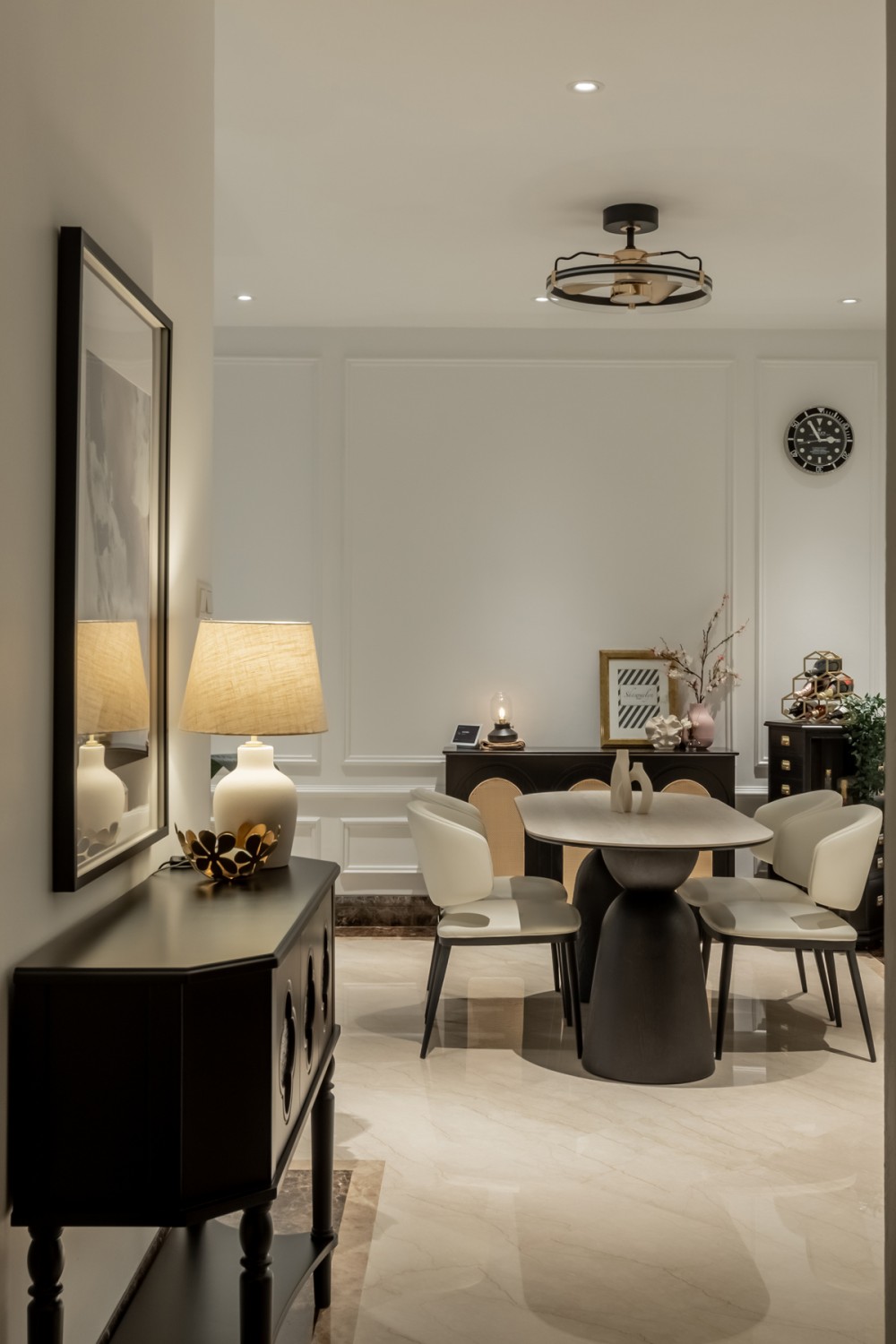 Contemporary Dining Room with Feature Wall and Ceiling Light