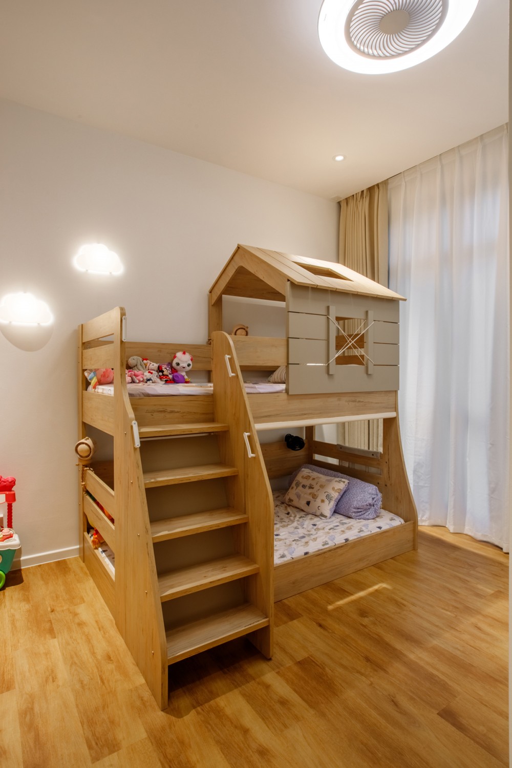 Contemporary Kids Room with Ceiling Light and Curtain