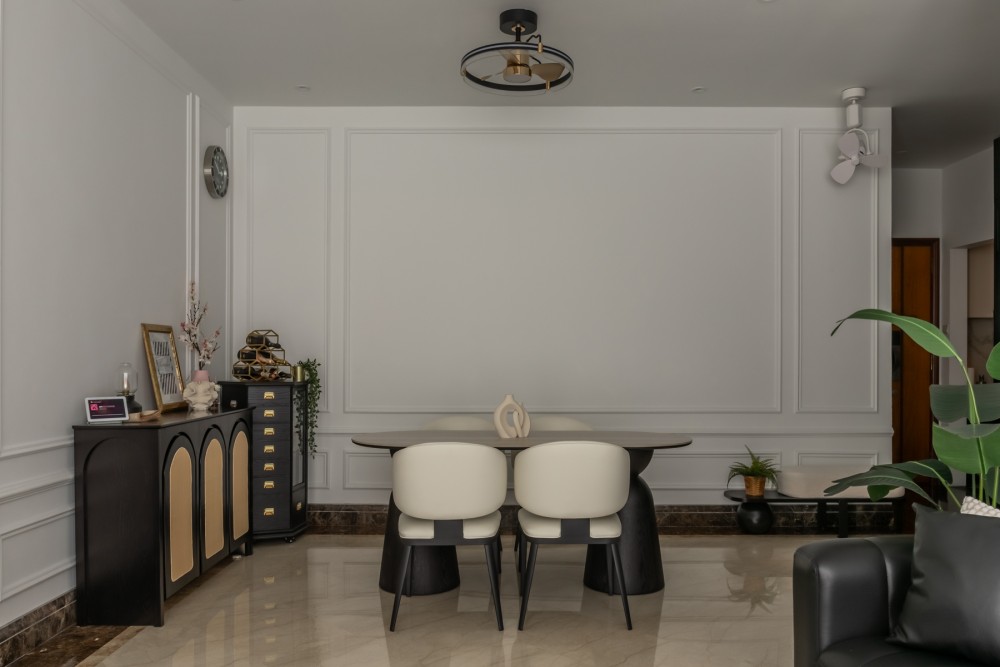 Contemporary Dining Room with Feature Wall and Drop Ceiling