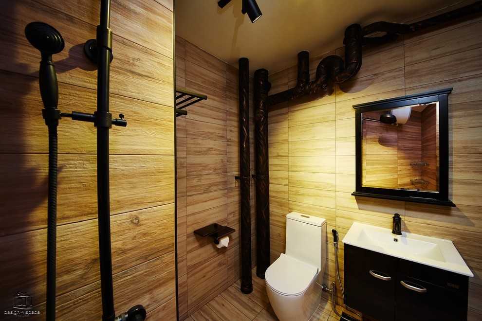 Vintage Bathroom with Wood Flooring and Shower Screen