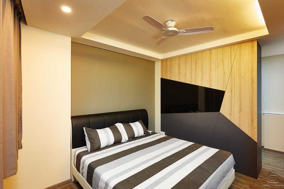 Vintage Bedroom with Wood Flooring and Cove Lighting