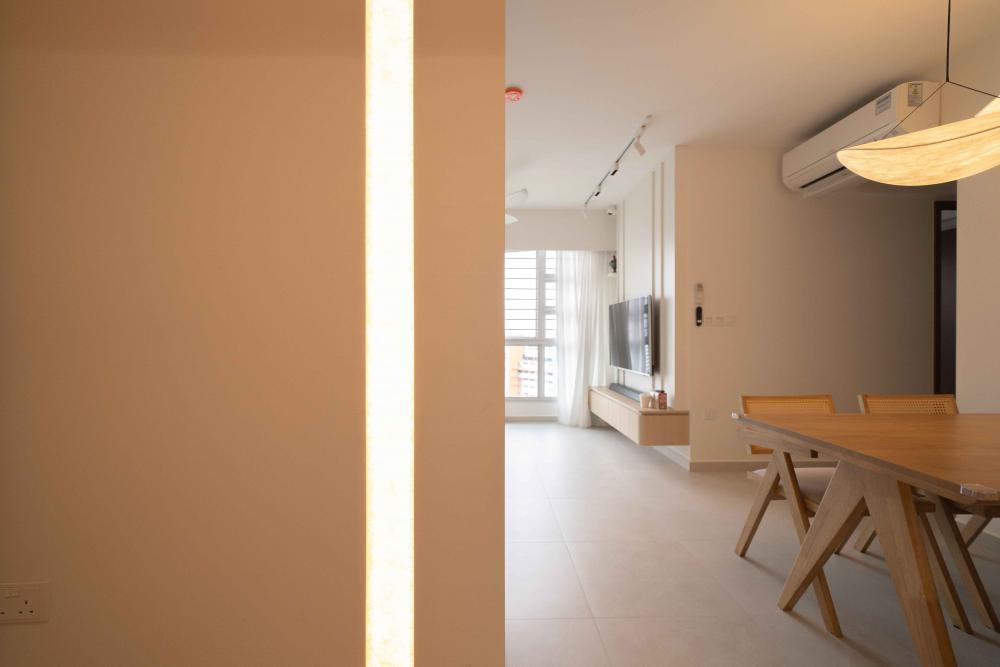 Minimalist Hallway with Artwork and Dining Table
