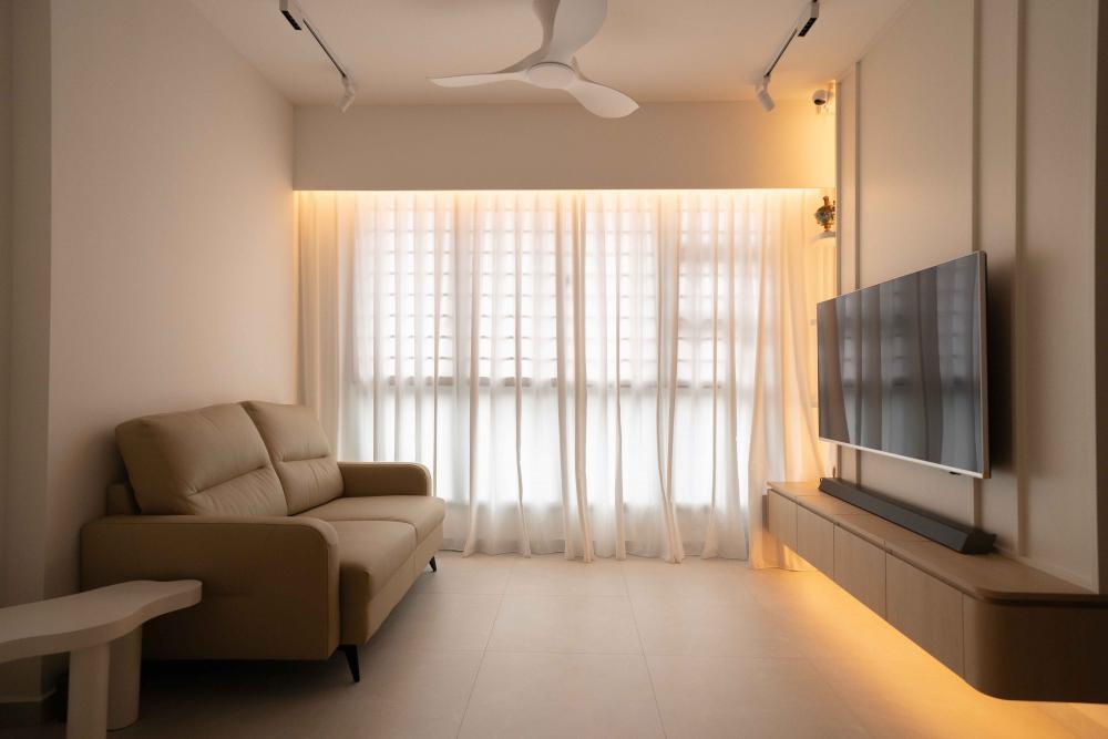 Minimalist Living Room with Feature Wall and Cove Lighting
