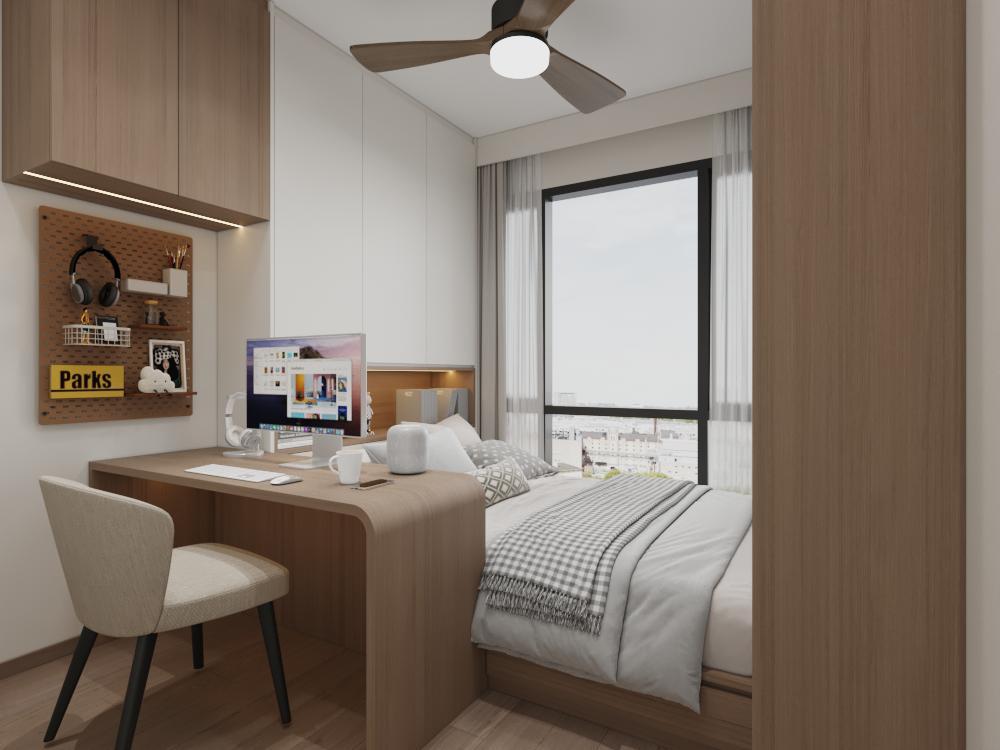 Minimalist Bedroom with Bookshelf and Built-in Bed