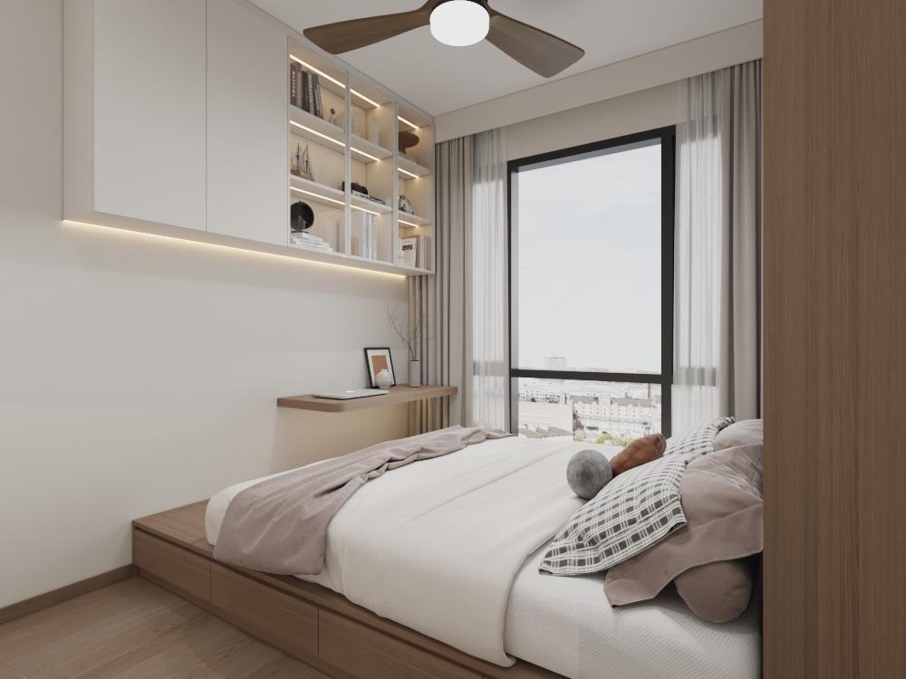 Minimalist Bedroom with Bookshelf and Vinyl Flooring