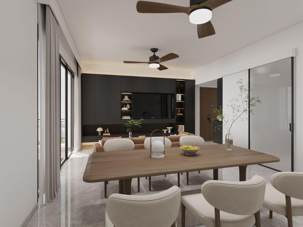 Minimalist Living Room with TV Console and Ceiling Fan