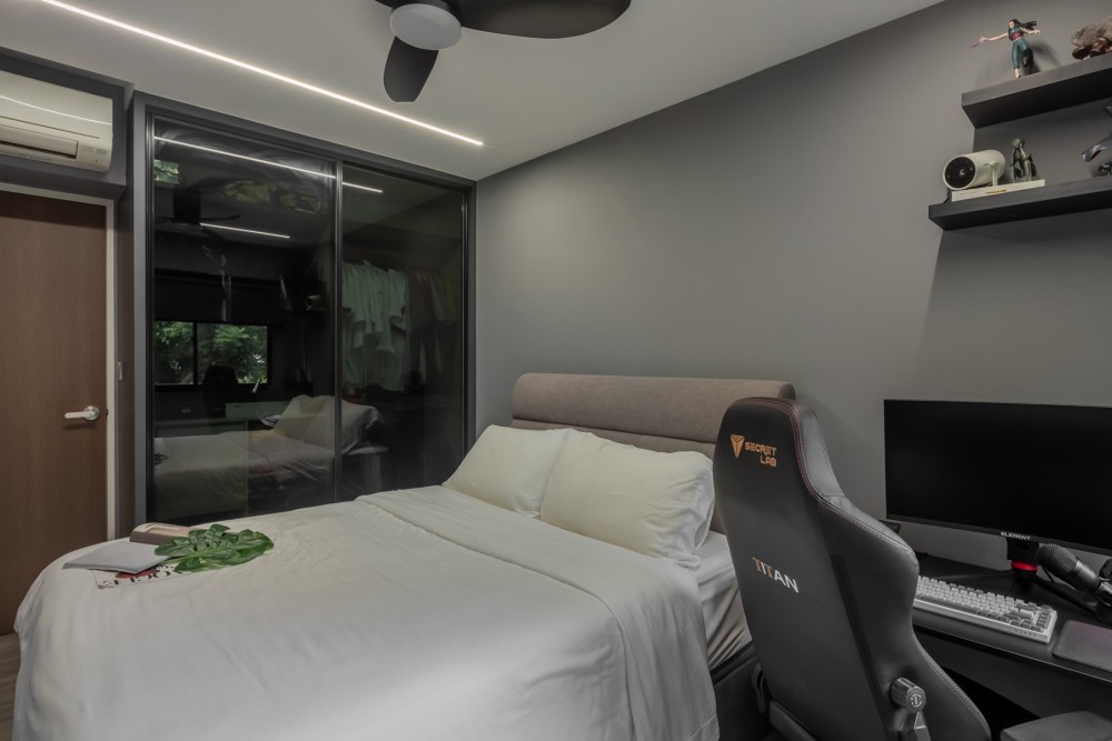 Minimalist Bedroom with Drop Ceiling and Ceiling Light