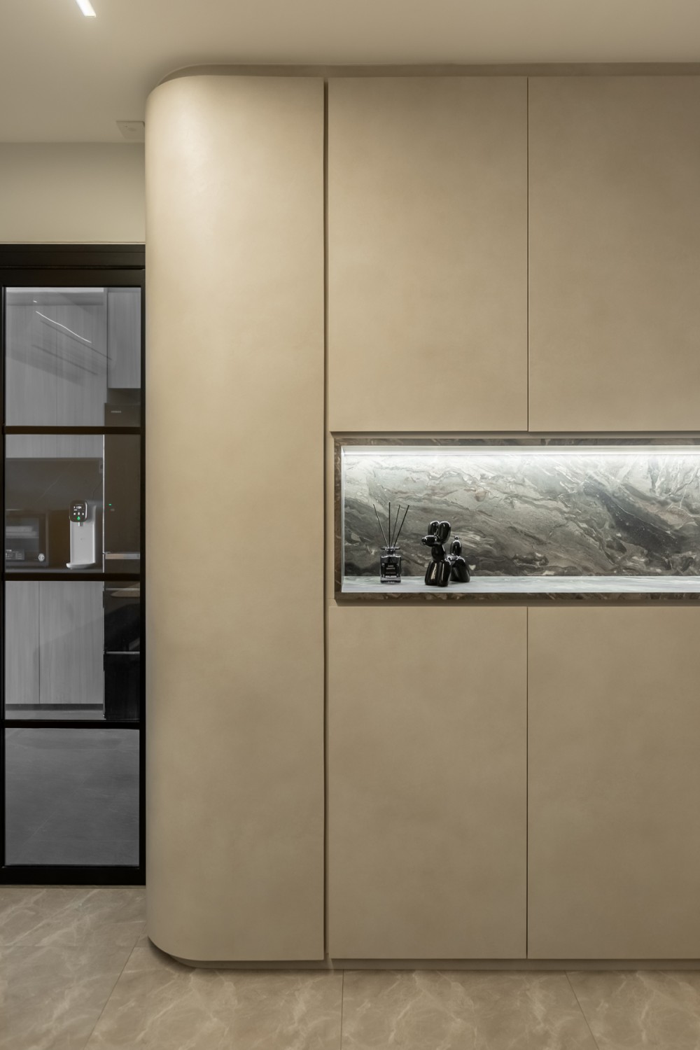 Minimalist Entryway with Glass Door and Small Storage