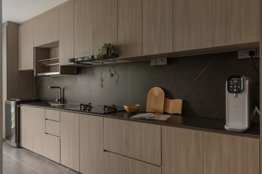 Minimalist Kitchen with Countertop and Homogeneous Tiles