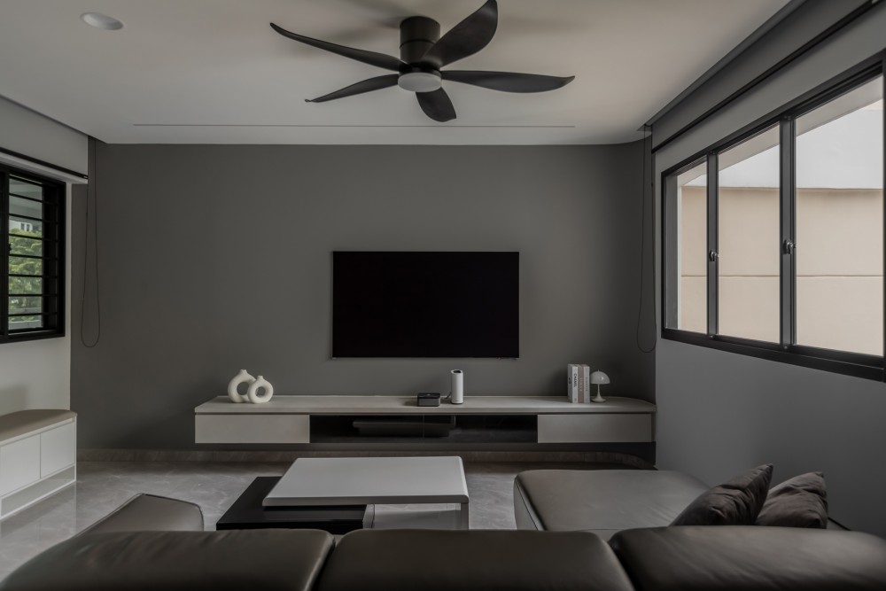 Minimalist Living Room with TV Console and Drop Ceiling