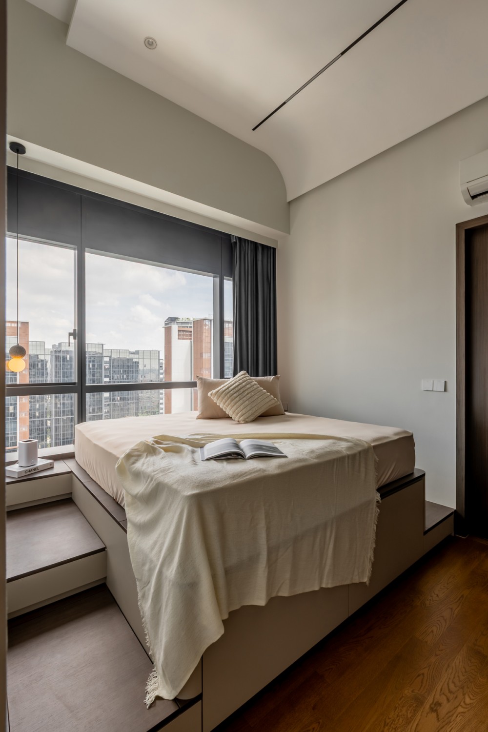 Modern Bedroom with Built-in Bed and Curtain